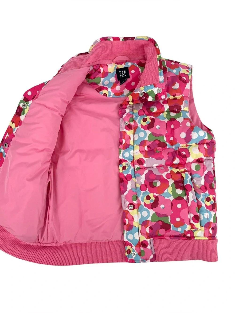 Vintage GAP Puffer Vest Girls Size Large Pink Floral Snap Front Y2K 2005